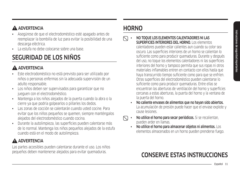 Conserve estas instrucciones, Seguridad de los niños, Horno | Samsung 30 Inch Freestanding Electric Smart Range Owner Manual User Manual | Page 81 / 210