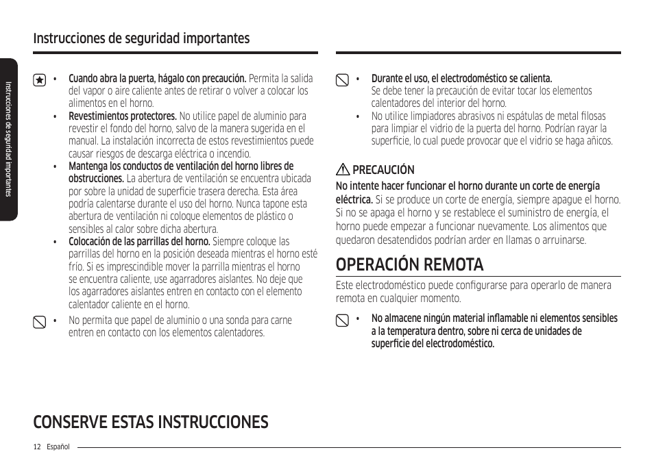 Conserve estas instrucciones, Operación remota, Instrucciones de seguridad importantes | Samsung 30 Inch Freestanding Electric Smart Range Owner Manual User Manual | Page 82 / 210