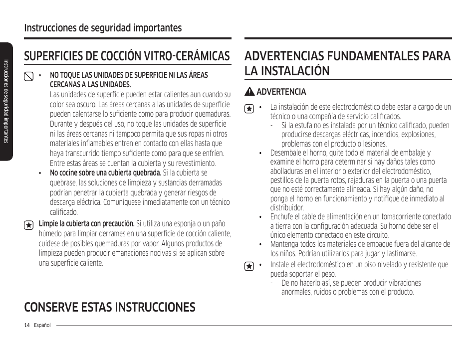 Advertencias fundamentales para la instalación, Instrucciones de seguridad importantes | Samsung 30 Inch Freestanding Electric Smart Range Owner Manual User Manual | Page 84 / 210