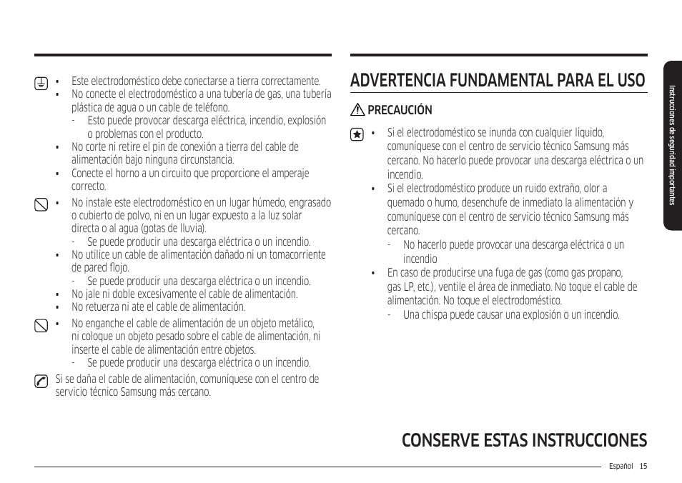 Conserve estas instrucciones, Advertencia fundamental para el uso | Samsung 30 Inch Freestanding Electric Smart Range Owner Manual User Manual | Page 85 / 210