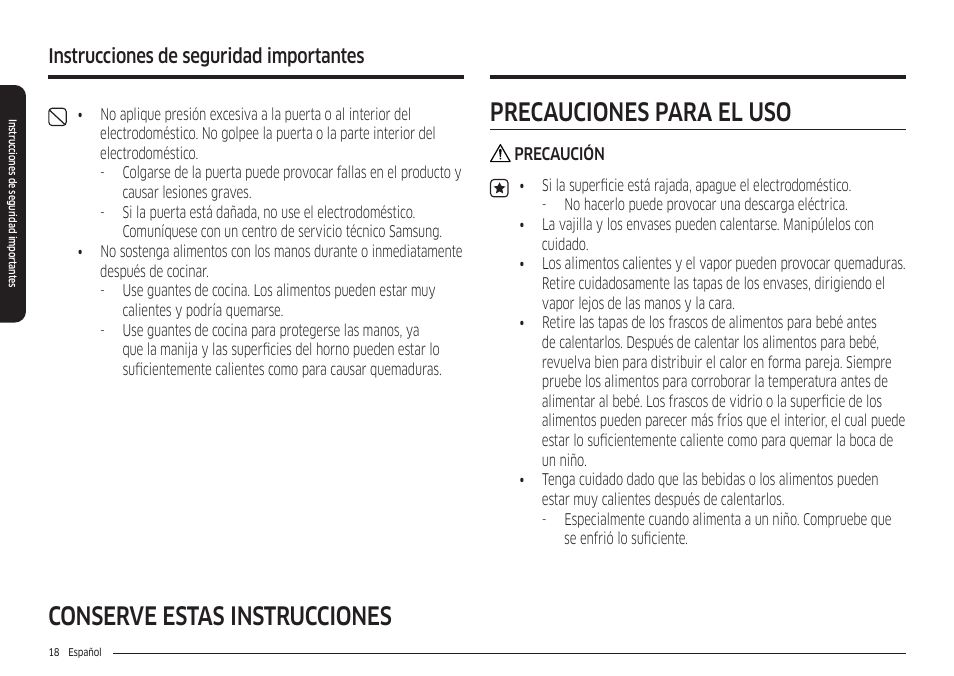 Conserve estas instrucciones, Precauciones para el uso, Instrucciones de seguridad importantes | Samsung 30 Inch Freestanding Electric Smart Range Owner Manual User Manual | Page 88 / 210