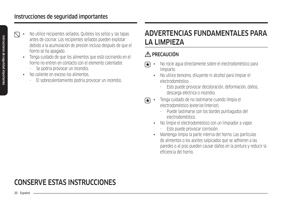 Conserve estas instrucciones, Advertencias fundamentales para la limpieza, Instrucciones de seguridad importantes | Samsung 30 Inch Freestanding Electric Smart Range Owner Manual User Manual | Page 90 / 210