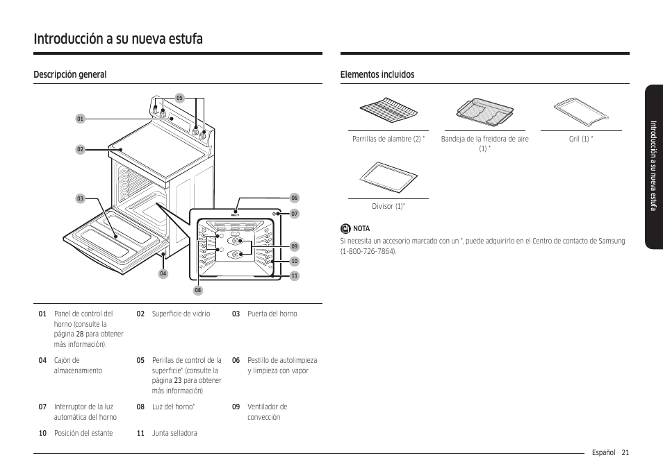 Introducción a su nueva estufa, Descripción general, Elementos incluidos | Samsung 30 Inch Freestanding Electric Smart Range Owner Manual User Manual | Page 91 / 210