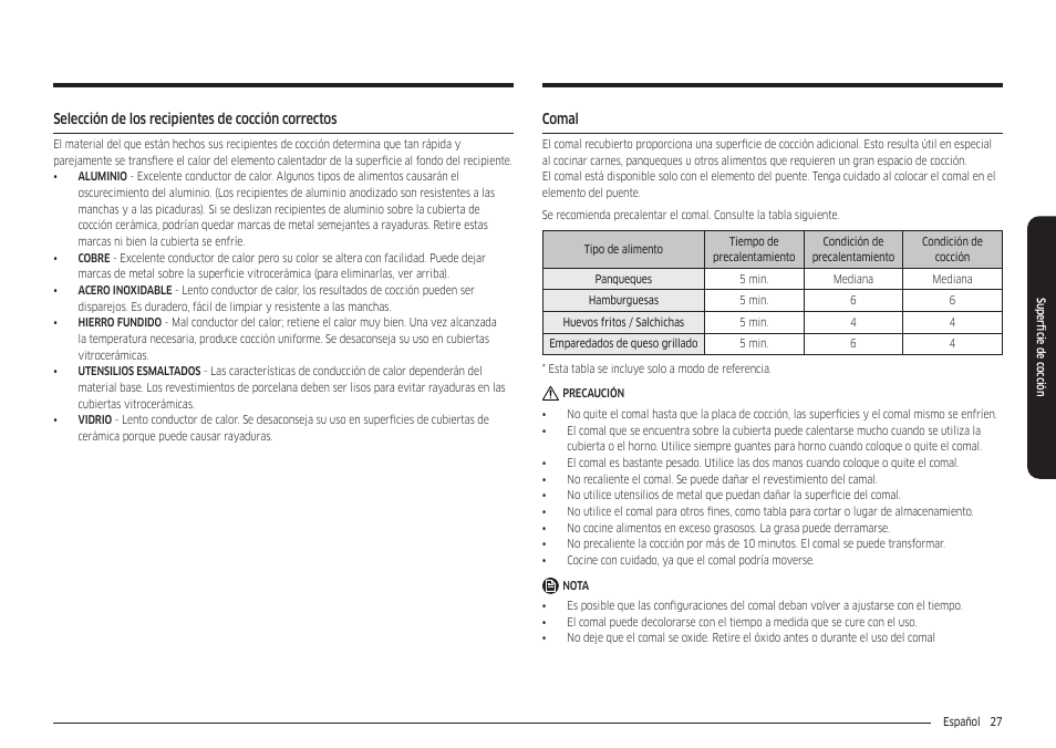 Selección de los recipientes de cocción correctos, Comal, Comal 27 | Samsung 30 Inch Freestanding Electric Smart Range Owner Manual User Manual | Page 97 / 210