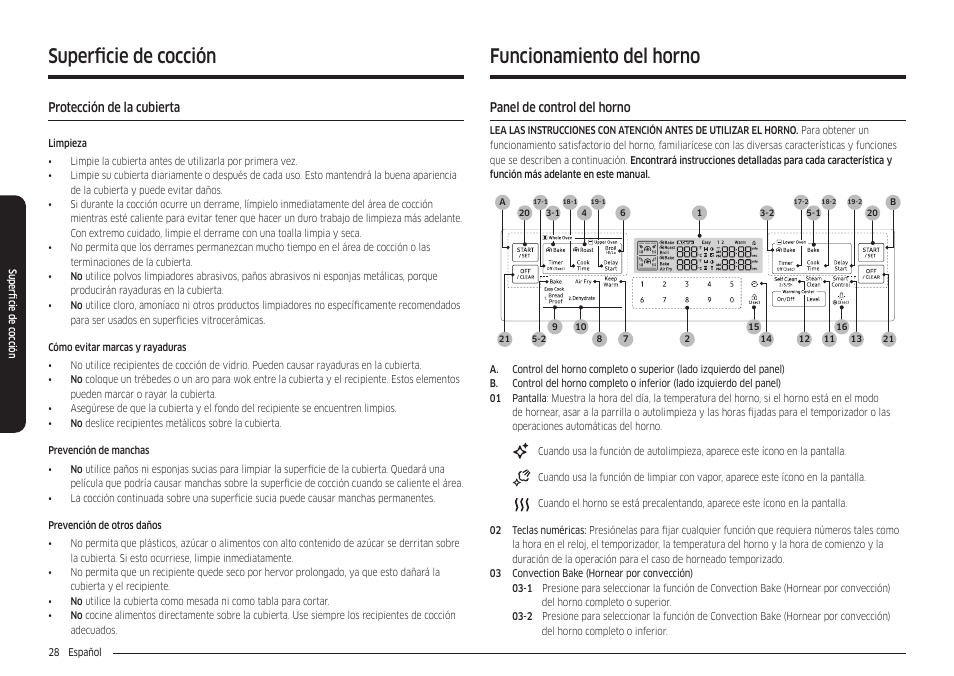 Protección de la cubierta, Funcionamiento del horno, Panel de control del horno | Superficie de cocción funcionamiento del horno | Samsung 30 Inch Freestanding Electric Smart Range Owner Manual User Manual | Page 98 / 210