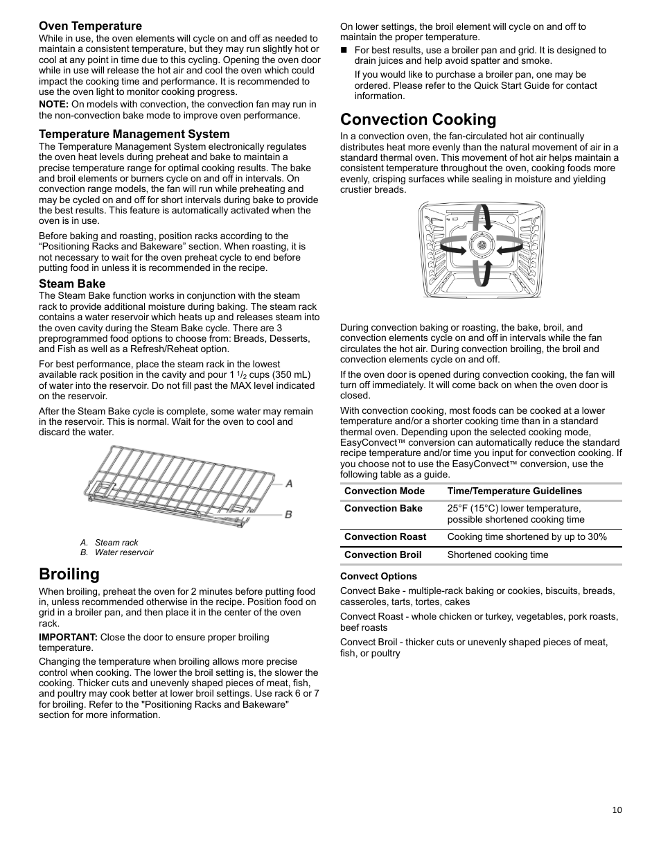 Broiling_w11281977, Convection cooking_w11281977, Broiling | Convection cooking, Oven temperature, Temperature management system, Steam bake | KITCHENAID 30 Inch Slide-In Electric Range Control Guide User Manual | Page 10 / 25