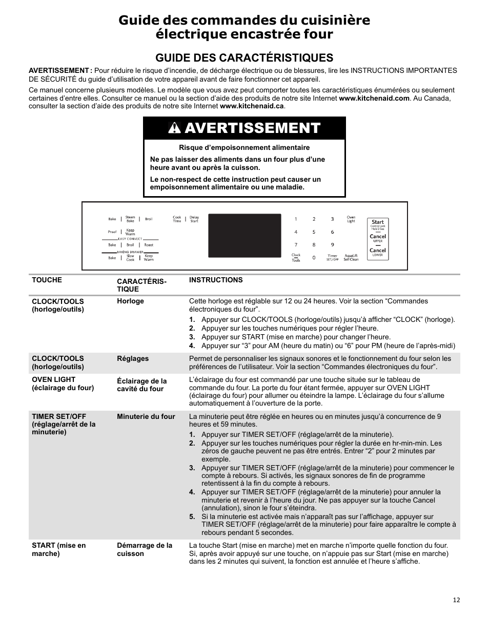 Feature guide_w11281977_fr, Avertissement, Guide des caractéristiques | KITCHENAID 30 Inch Slide-In Electric Range Control Guide User Manual | Page 12 / 25