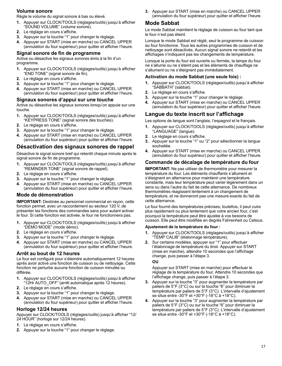 Désactivation des signaux sonores de rappel, Mode sabbat, Langue du texte inscrit sur l’affichage | Volume sonore, Signal sonore de fin de programme, Signaux sonores d’appui sur une touche, Mode de démonstration, Arrêt au bout de 12 heures, Horloge 12/24 heures, Commande de décalage de température du four | KITCHENAID 30 Inch Slide-In Electric Range Control Guide User Manual | Page 17 / 25