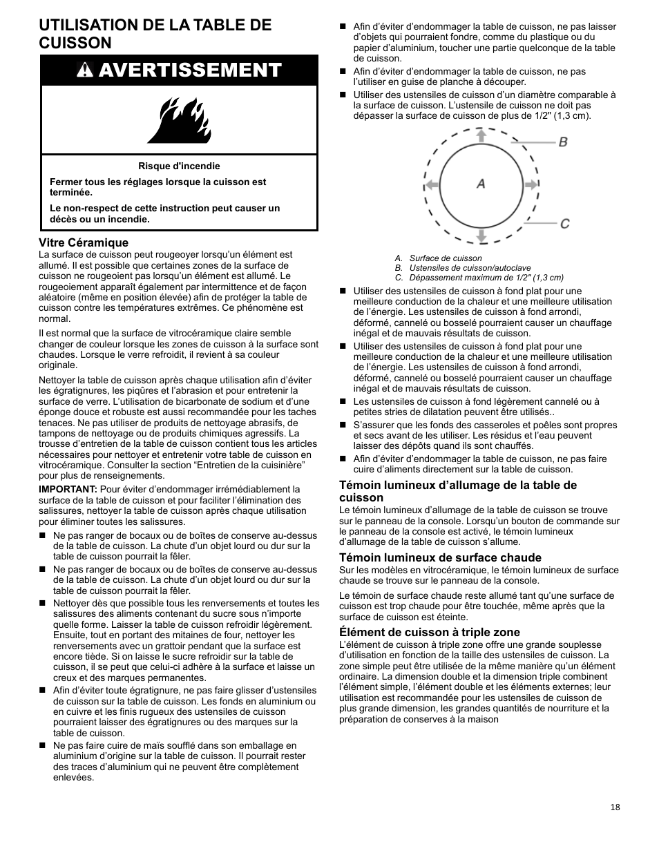 Cooktop use_w11281977_fr, Avertissement, Utilisation de la table de cuisson | KITCHENAID 30 Inch Slide-In Electric Range Control Guide User Manual | Page 18 / 25