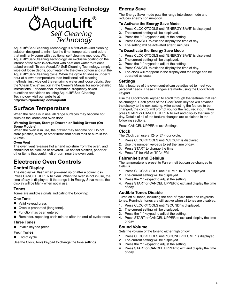 Aqualift self-cleaning technology_efsr_cg, Surface temperature_efsr_cg, Electronic oven controls_w11281977 | Aqualift, Self-cleaning technology, Surface temperature, Electronic oven controls, Energy save | KITCHENAID 30 Inch Slide-In Electric Range Control Guide User Manual | Page 4 / 25