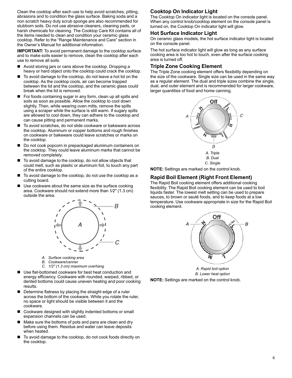Cooktop on indicator light, Hot surface indicator light, Triple zone cooking element | Rapid boil element (right front element) | KITCHENAID 30 Inch Slide-In Electric Range Control Guide User Manual | Page 6 / 25