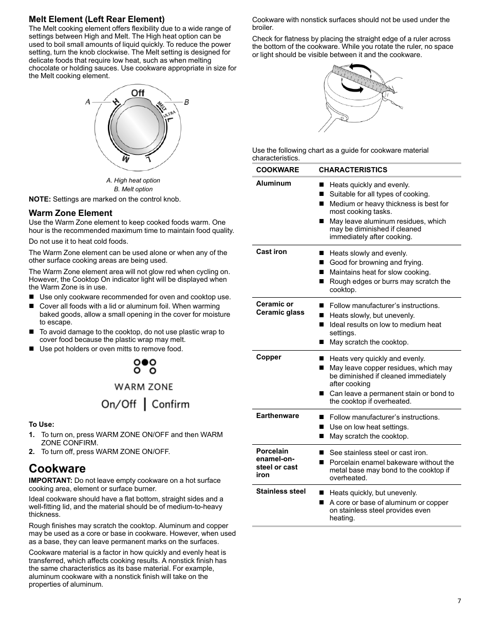 Cookware_efsr_cg, Cookware, Melt element (left rear element) | Warm zone element | KITCHENAID 30 Inch Slide-In Electric Range Control Guide User Manual | Page 7 / 25