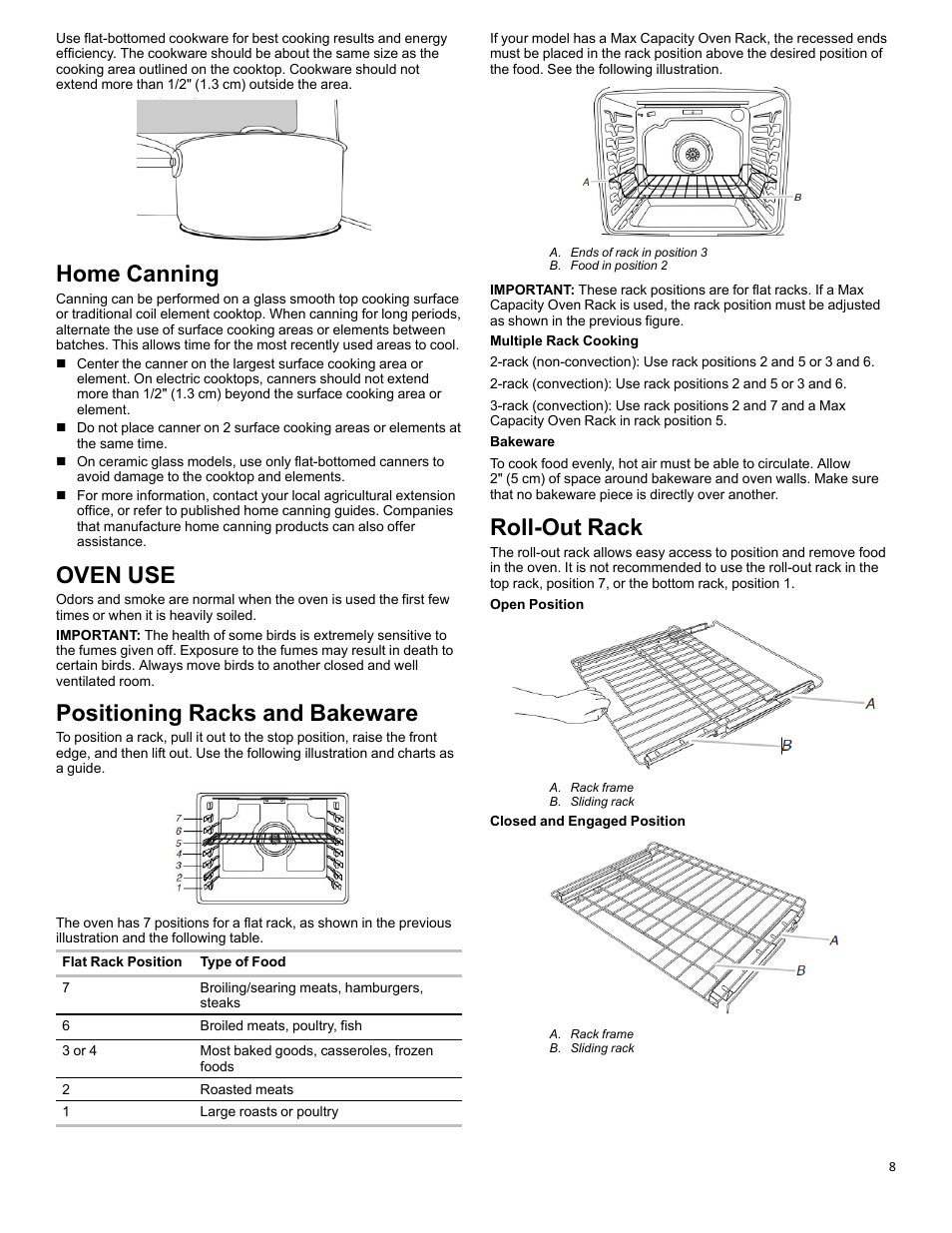 Home canning_efsr_cg, Oven use_ranges/ovens_cg, Racks and bakeware_w11281977 | Roll-out rack_efsr_cg, Home canning, Oven use, Positioning racks and bakeware, Roll-out rack | KITCHENAID 30 Inch Slide-In Electric Range Control Guide User Manual | Page 8 / 25
