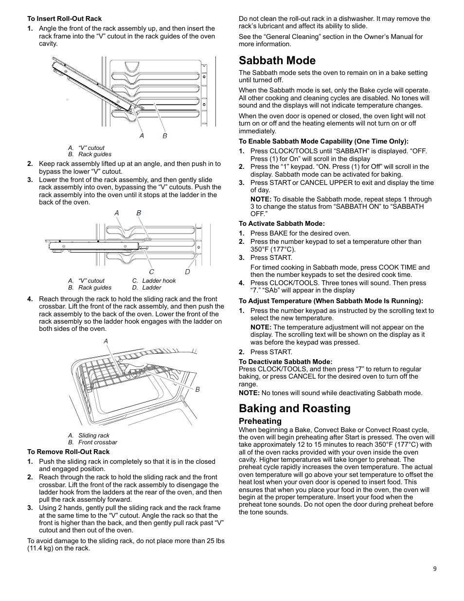Sabbath mode_w11281977, Baking and roasting_w11281977, Sabbath mode | Baking and roasting, Preheating | KITCHENAID 30 Inch Slide-In Electric Range Control Guide User Manual | Page 9 / 25