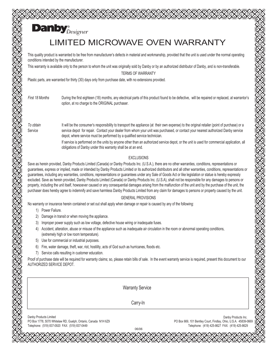 Limited microwave oven warranty | Danby DMW1148SS User Manual | Page 19 / 52