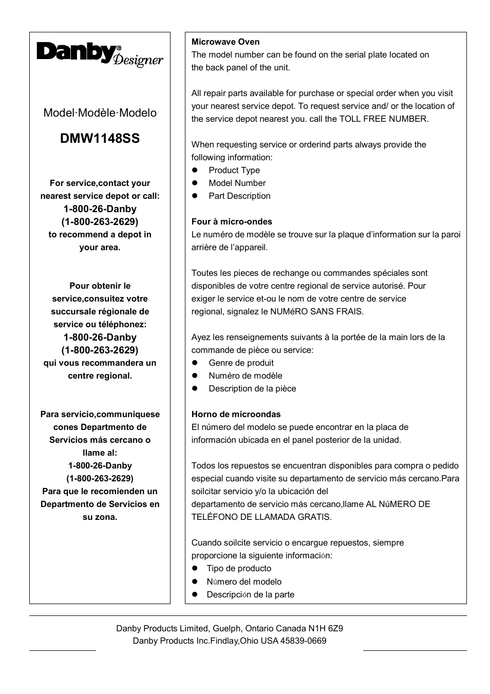 Danby DMW1148SS User Manual | Page 52 / 52