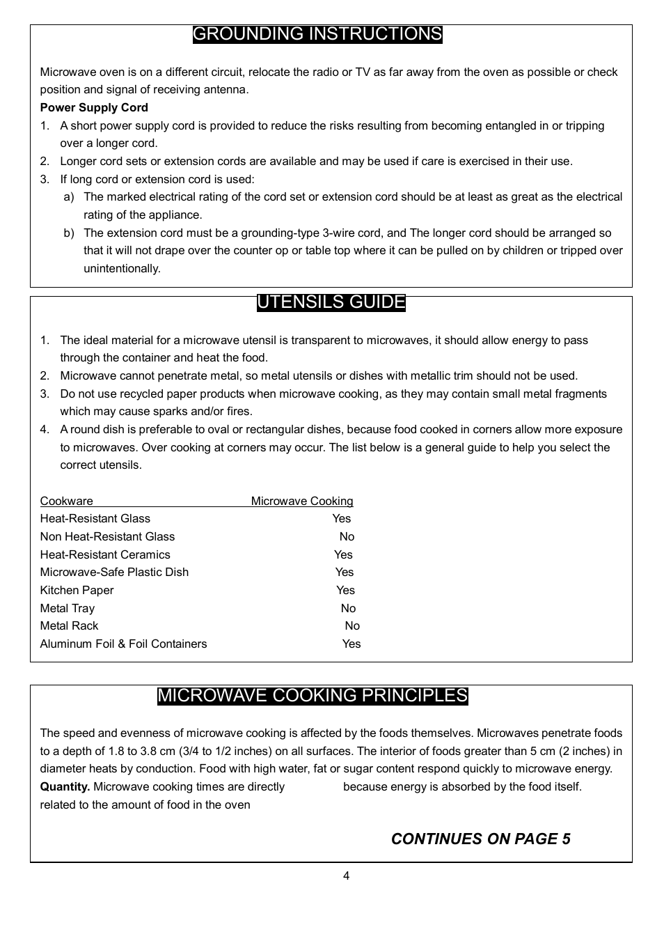 Grounding instructions, Utensils guide, Microwave cooking principles | Continues on page 5 | Danby DMW1148SS User Manual | Page 7 / 52