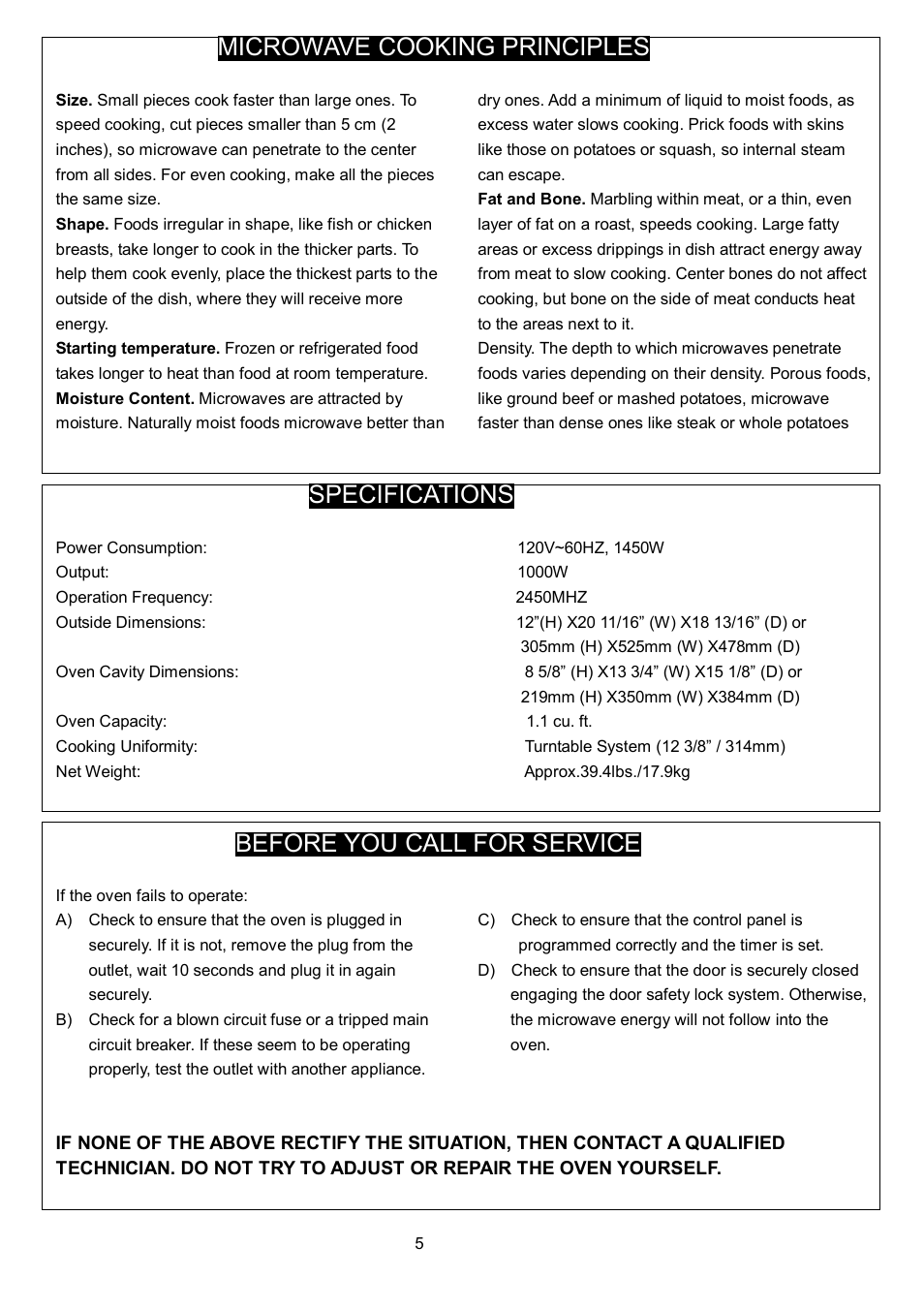 Microwave cooking principles, Specifications, Before you call for service | Danby DMW1148SS User Manual | Page 8 / 52