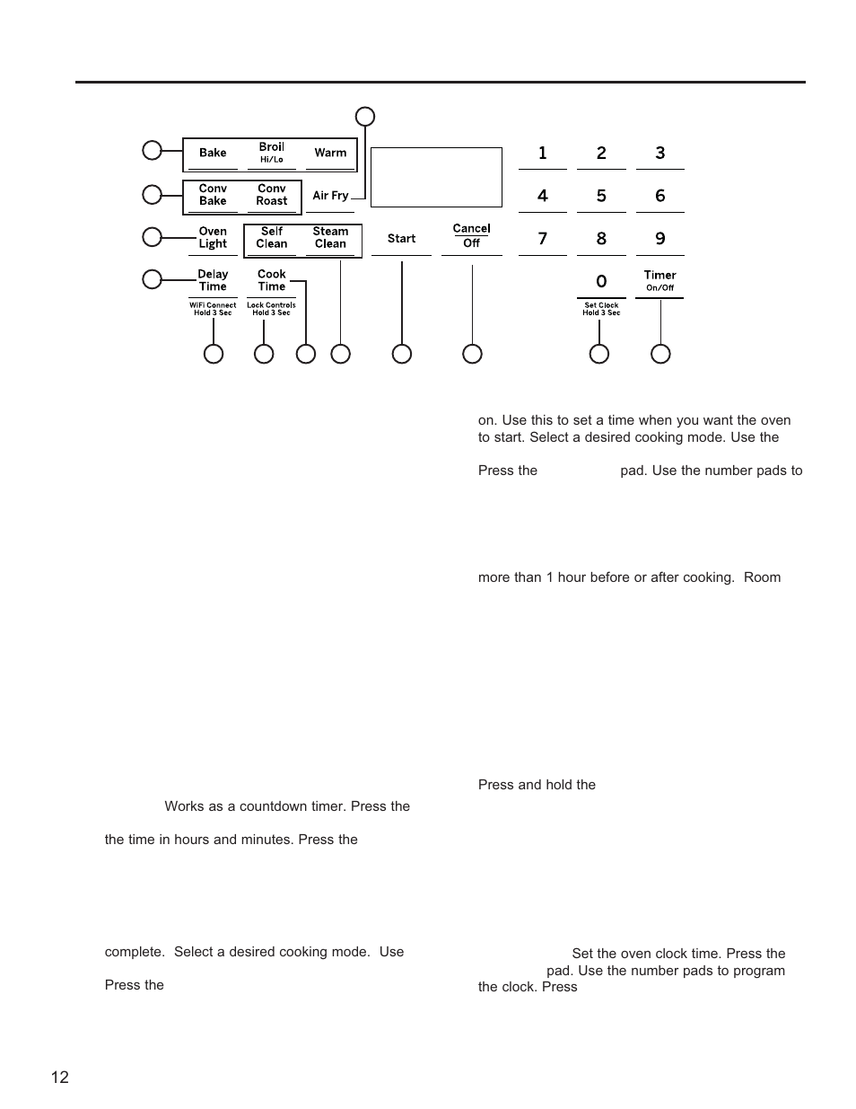 Oven controls, Using the range: oven controls, Traditional cooking modes | Convection cooking modes (on some models), Clean, Start, Cancel/off, Timer, Cook time, Delay time | GE Profile 30 Inch Gas Smart Range User/Care Manual User Manual | Page 12 / 70