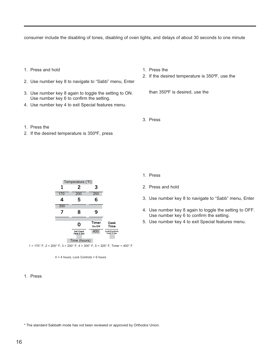 Sabbath mode - standard, Using the range: sabbath mode - standard, Setting the sabbath mode | Starting a continuous bake, Adjusting the temperature, Starting a timed bake, Exit the sabbath mode | GE Profile 30 Inch Gas Smart Range User/Care Manual User Manual | Page 16 / 70