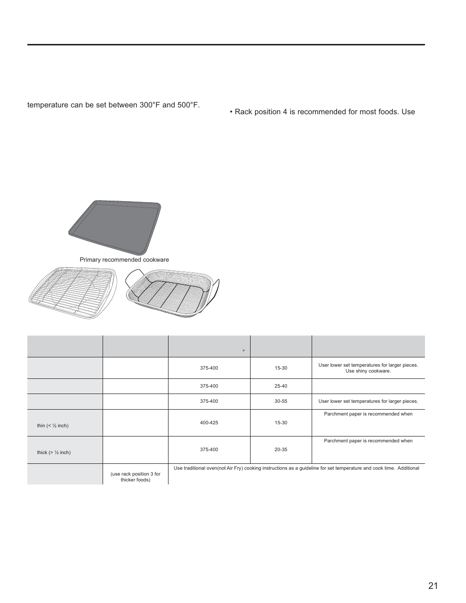 Oven cooking guide, Using the range: oven cooking guide, Air fry cooking guide | Air fry cookware guidelines, General tips for air fry mode | GE Profile 30 Inch Gas Smart Range User/Care Manual User Manual | Page 21 / 70