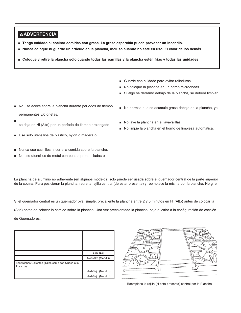 Plancha (en algunos modelos), Uso de la cocina: plancha, Advertencia | Posicionamiento de la plancha, Precalentamiento de la plancha | GE Profile 30 Inch Gas Smart Range User/Care Manual User Manual | Page 47 / 70