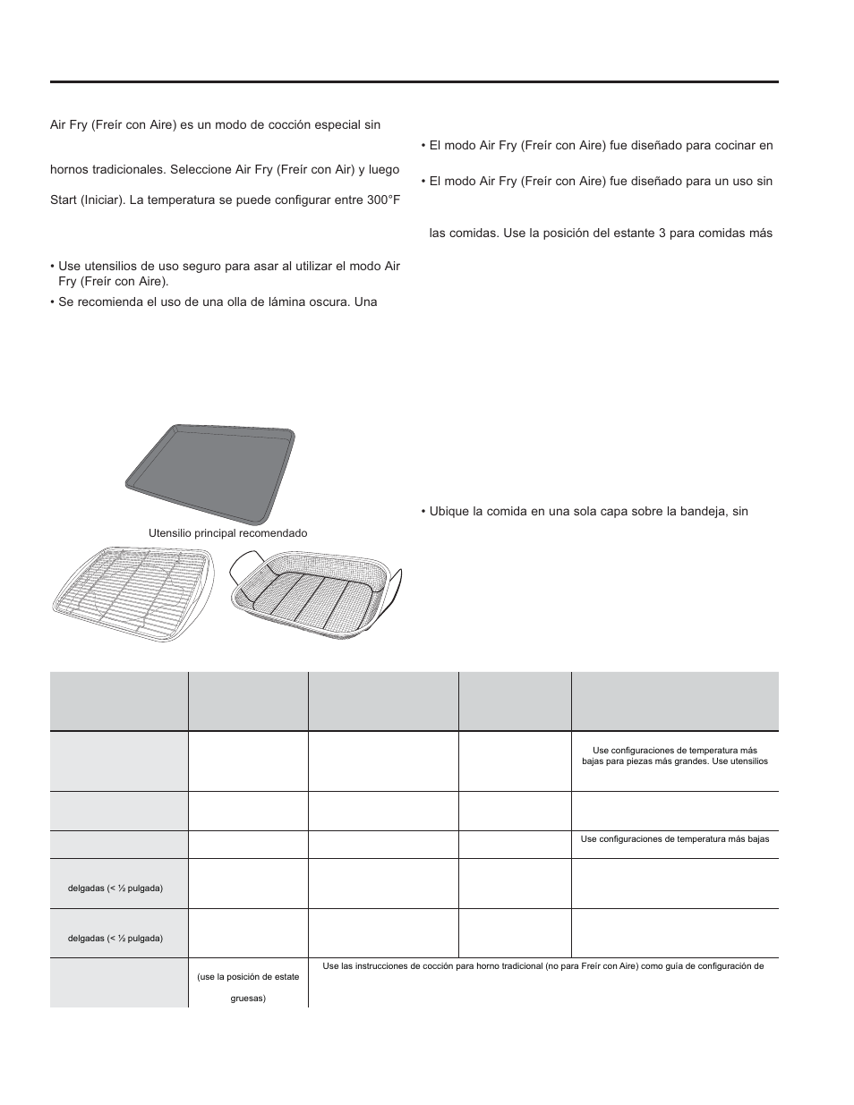 Guía de cocción del horno, Uso de la cocina: guía de cocción del horno, Modo de cocción para freír con aire | Pautas sobre utensilios para freír con aire | GE Profile 30 Inch Gas Smart Range User/Care Manual User Manual | Page 57 / 70