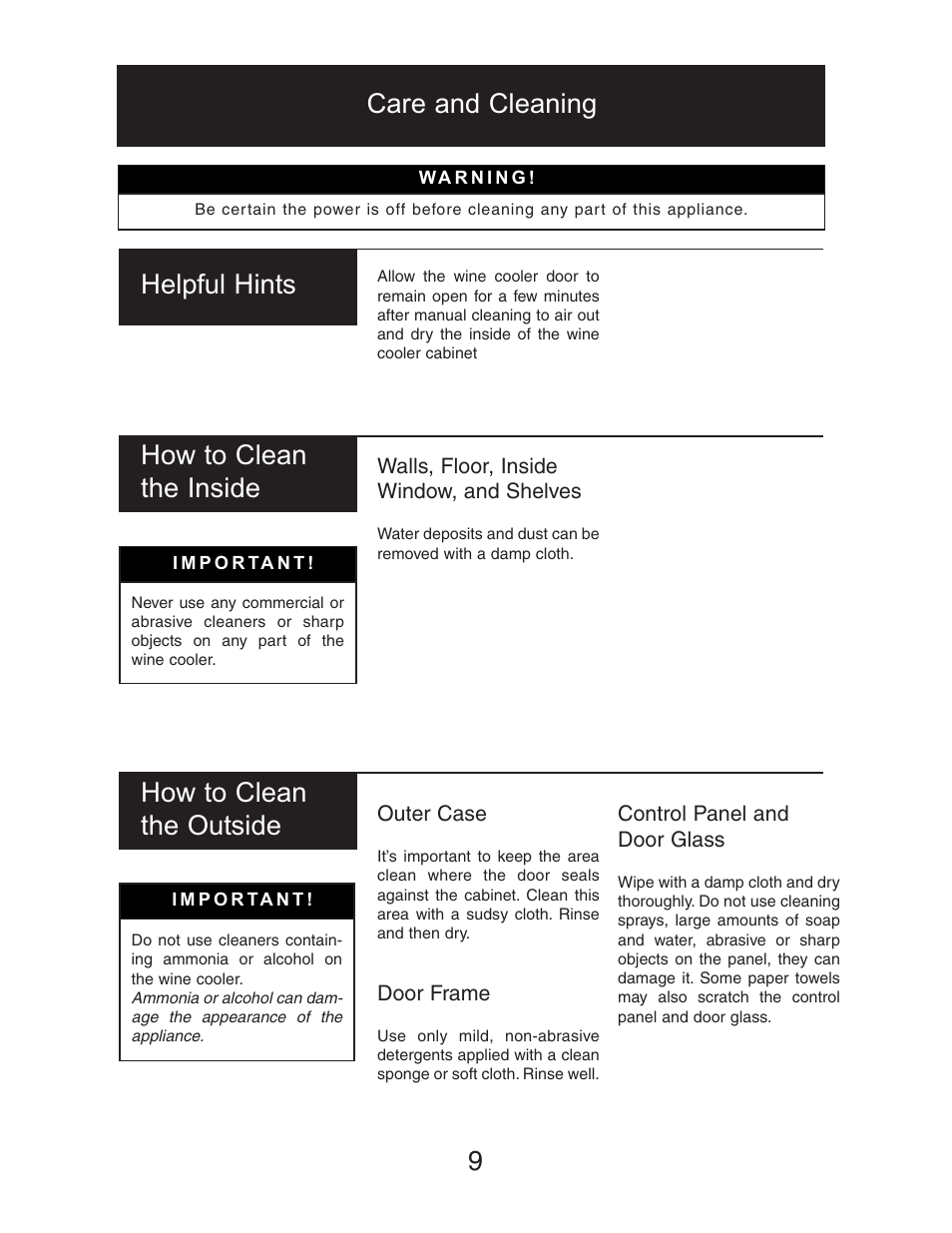 9helpful hints, How to clean the inside, Care and cleaning how to clean the outside | Danby DWC1534BLS User Manual | Page 10 / 32