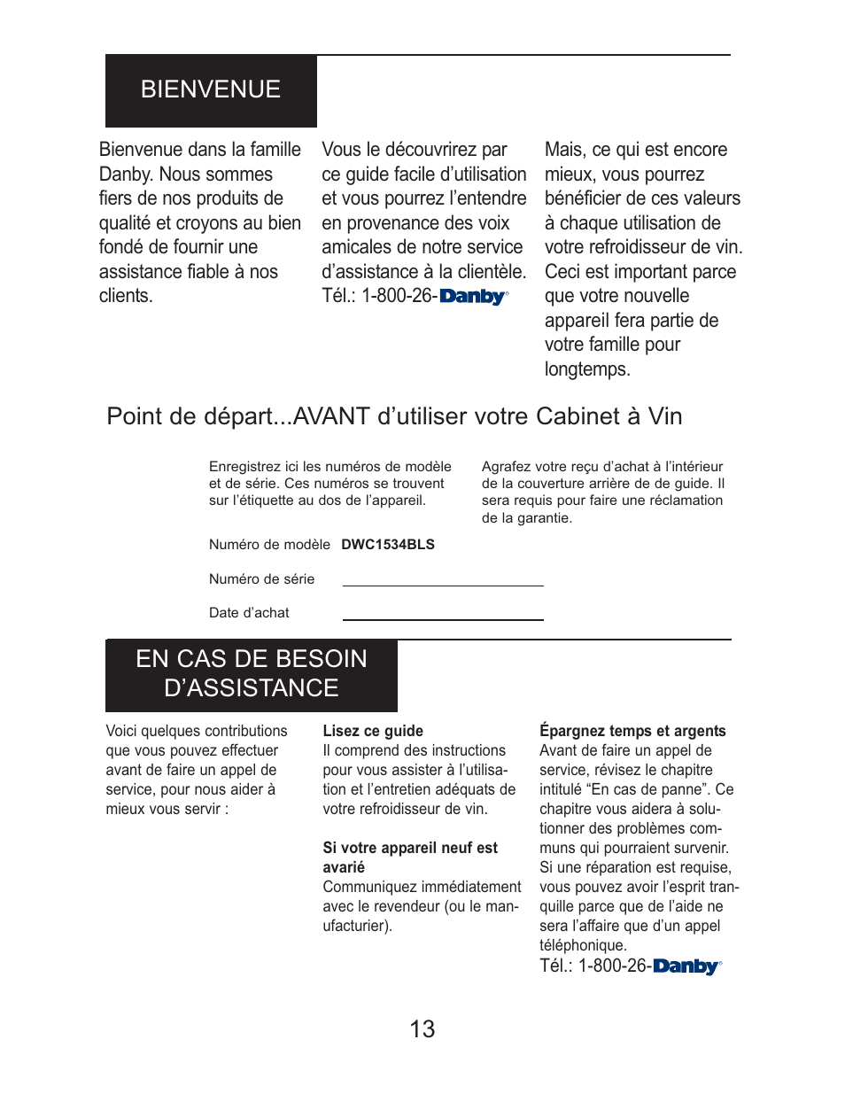 13 bienvenue en cas de besoin d’assistance | Danby DWC1534BLS User Manual | Page 13 / 32