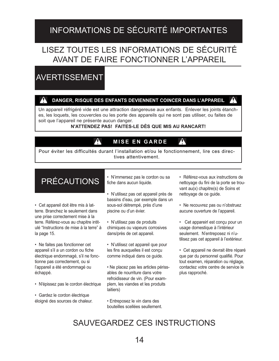 Sauvegardez ces instructions | Danby DWC1534BLS User Manual | Page 14 / 32