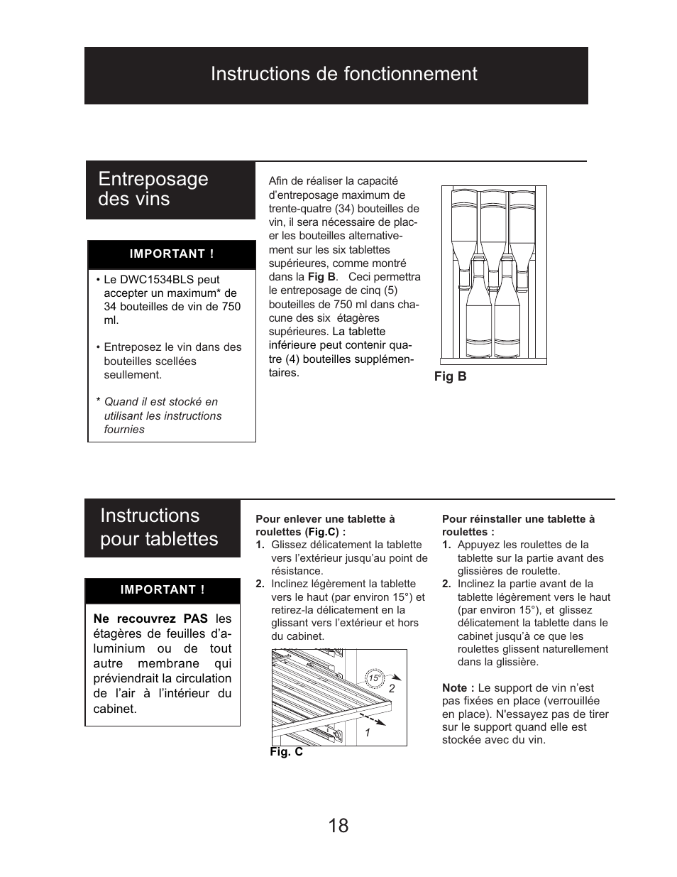 Instructions de fonctionnement 18, Entreposage des vins, Instructions pour tablettes | Danby DWC1534BLS User Manual | Page 18 / 32