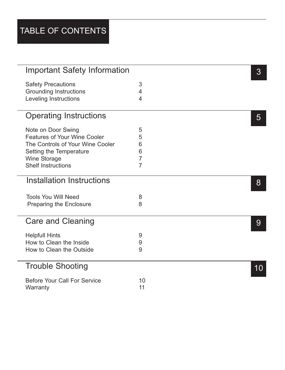 Important safety information, Operating instructions, Installation instructions | Care and cleaning, Trouble shooting | Danby DWC1534BLS User Manual | Page 2 / 32