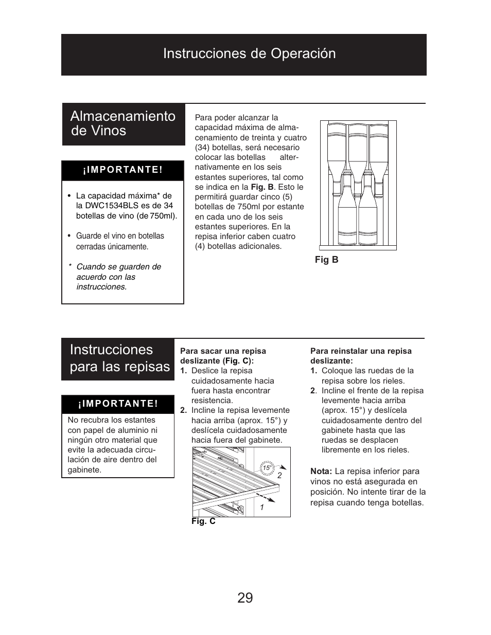 Instrucciones de operación 29, Almacenamiento de vinos, Instrucciones para las repisas | Danby DWC1534BLS User Manual | Page 28 / 32