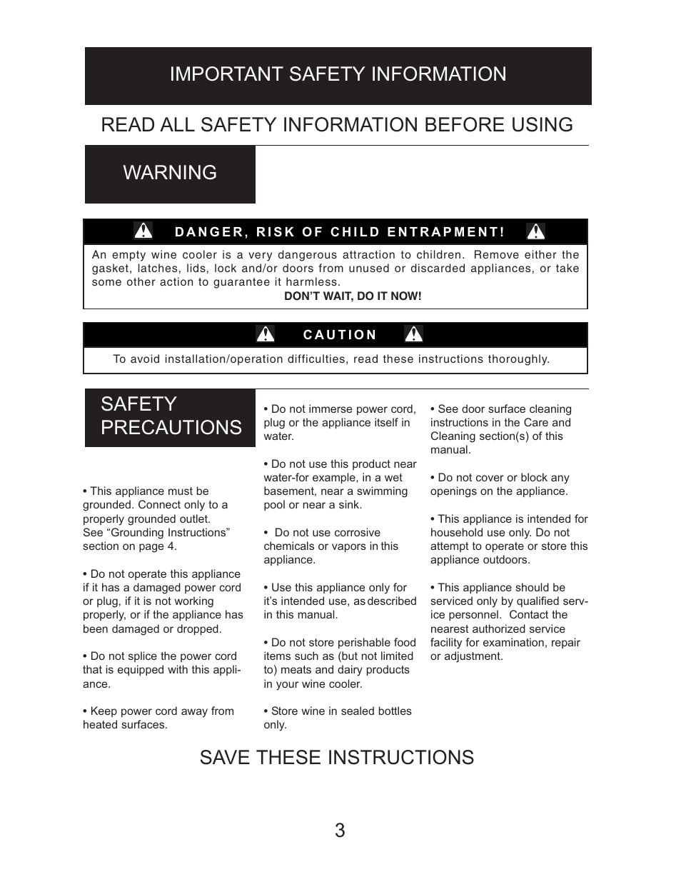 Save these instructions | Danby DWC1534BLS User Manual | Page 4 / 32