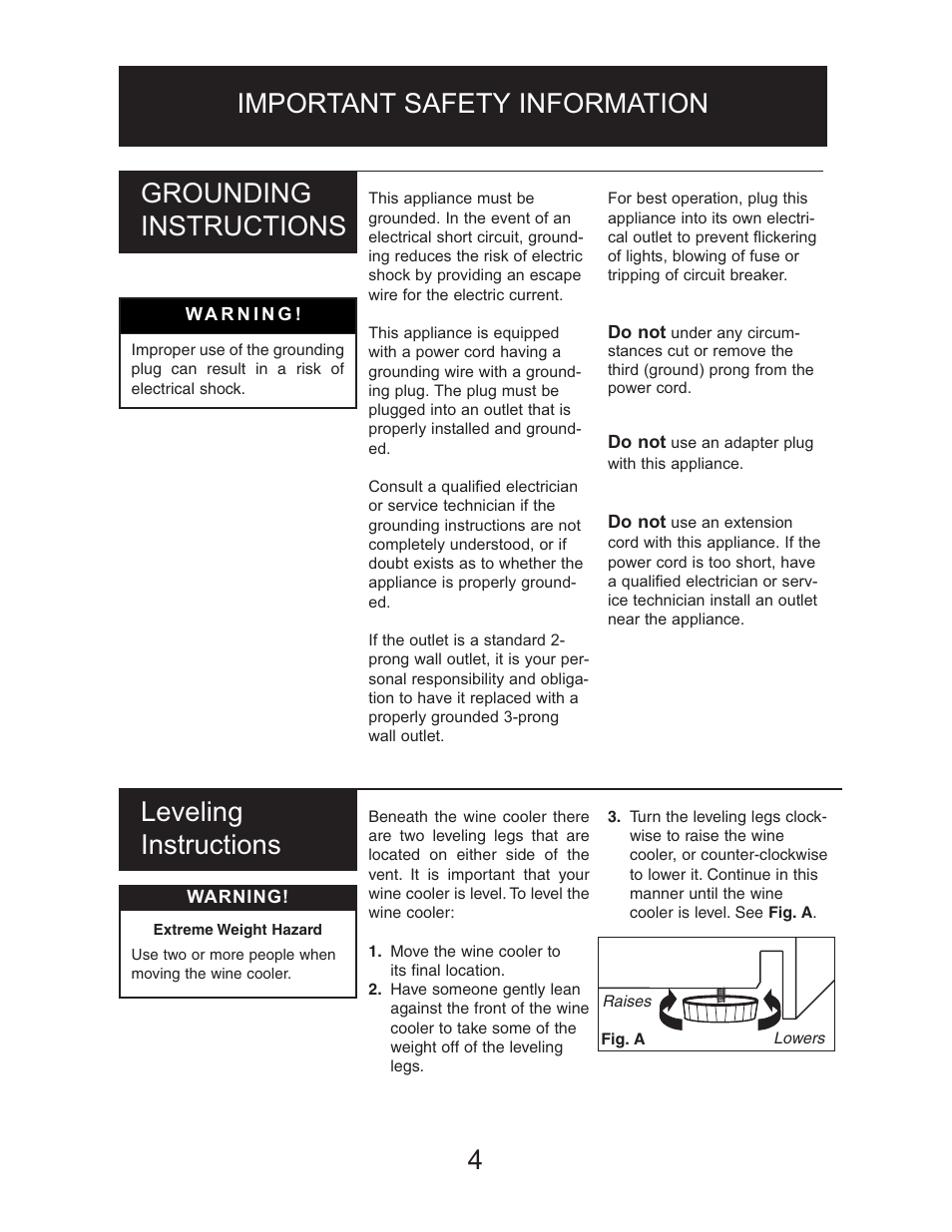 Leveling instructions | Danby DWC1534BLS User Manual | Page 5 / 32