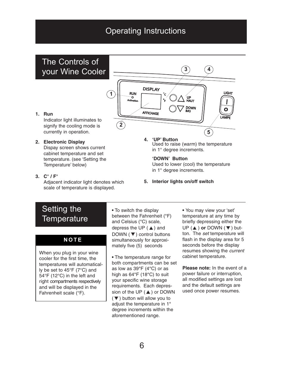 6operating instructions setting the temperature, The controls of your wine cooler | Danby DWC1534BLS User Manual | Page 7 / 32