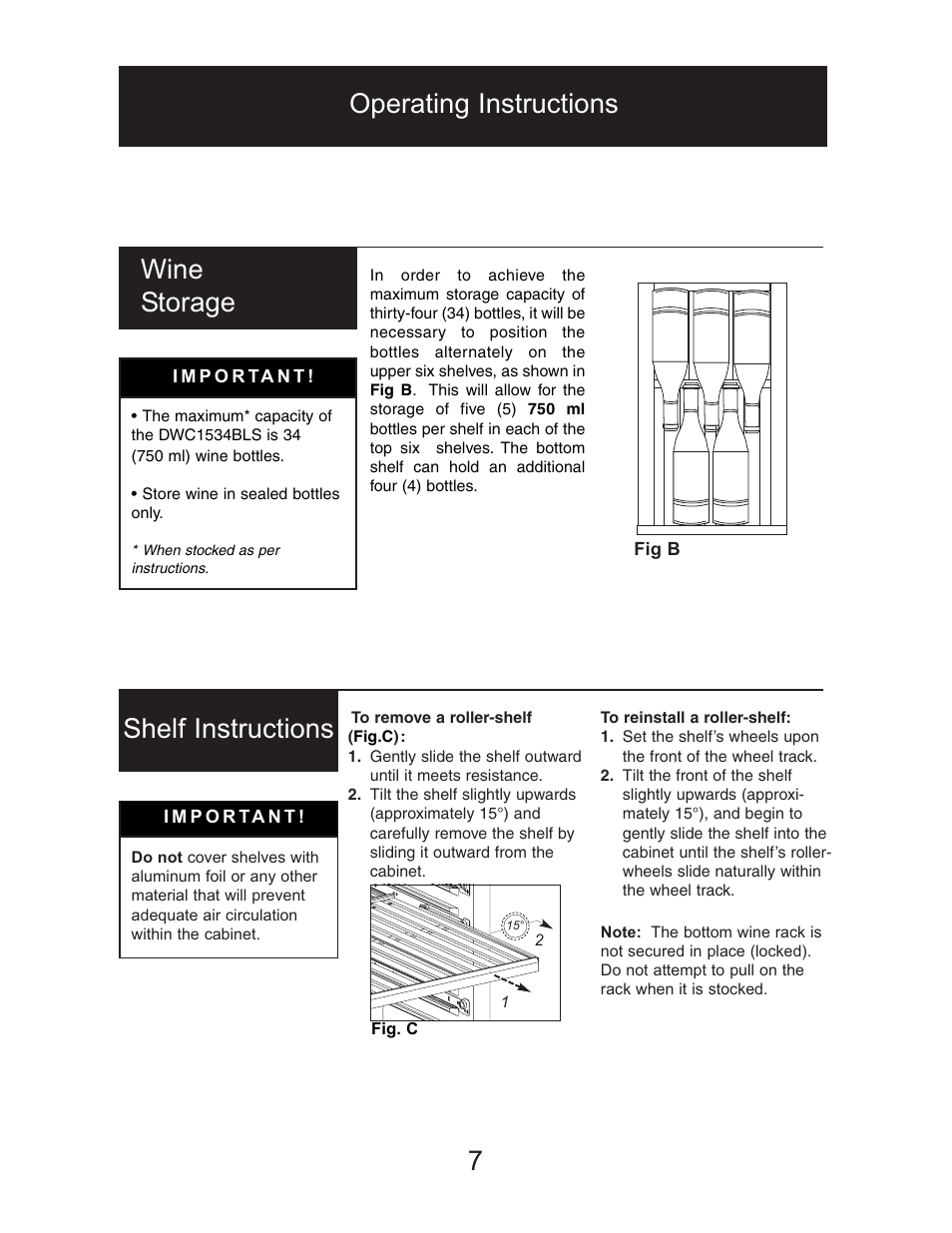 Operating instructions, Wine storage 7, Shelf instructions | Danby DWC1534BLS User Manual | Page 8 / 32