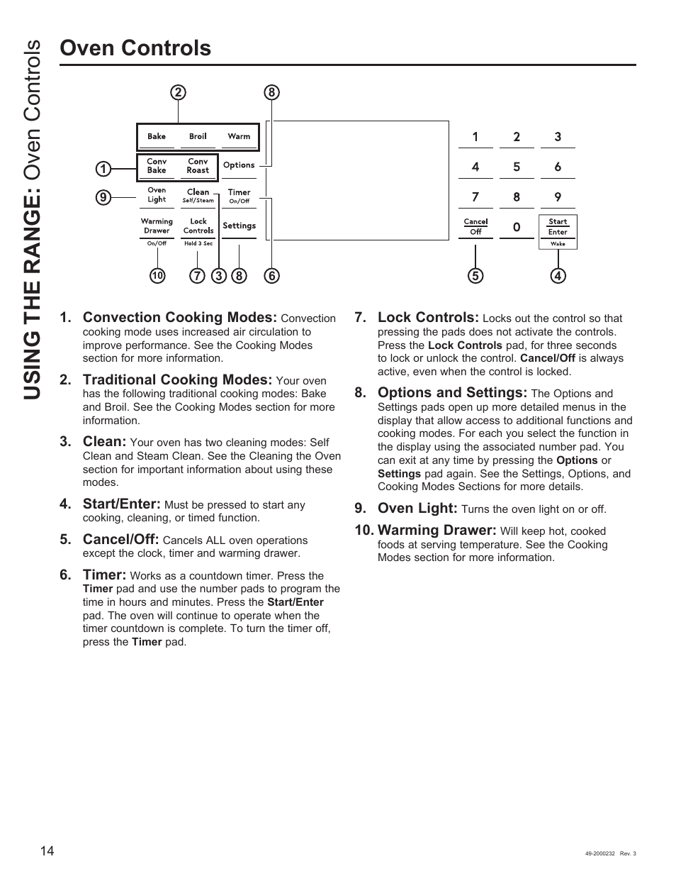 Using the range: oven controls oven controls, Convection cooking modes, Traditional cooking modes | Clean, Start/enter, Cancel/off, Timer, Lock controls, Options and settings, Oven light | Cafe Owner Manual User Manual | Page 15 / 73