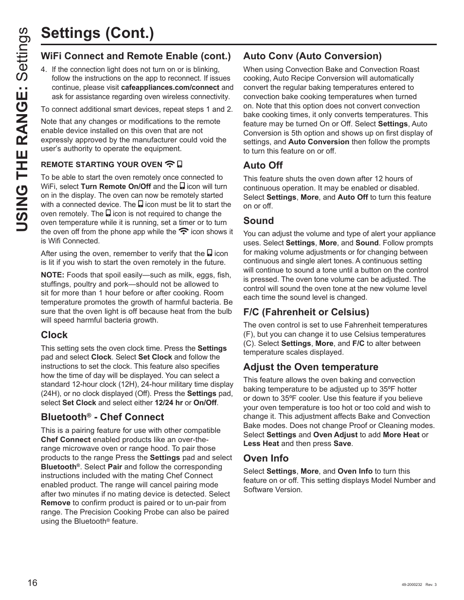 Settings (cont.), Using the range: settings, Wifi connect and remote enable (cont.) | Clock, Bluetooth, Chef connect, Auto conv (auto conversion), Auto off, Sound, F/c (fahrenheit or celsius) | Cafe Owner Manual User Manual | Page 17 / 73
