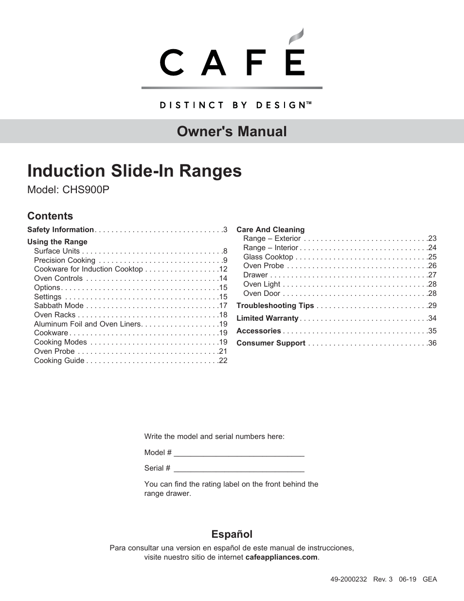 Induction slide-in ranges, Owner's manual, Model: chs900p contents | Español | Cafe Owner Manual User Manual | Page 2 / 73