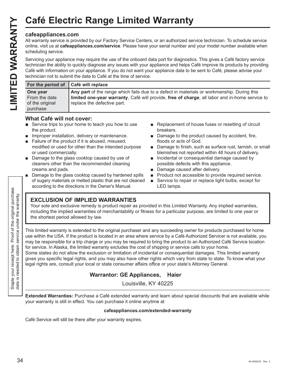 Limited w arranty, Café electric range limited warranty | Cafe Owner Manual User Manual | Page 35 / 73