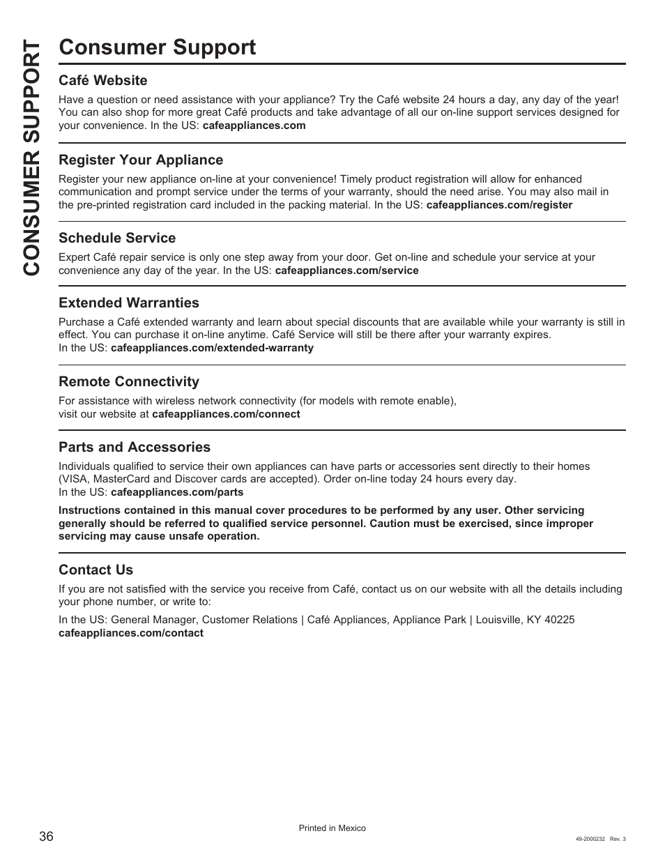 Consumer support consumer support | Cafe Owner Manual User Manual | Page 37 / 73
