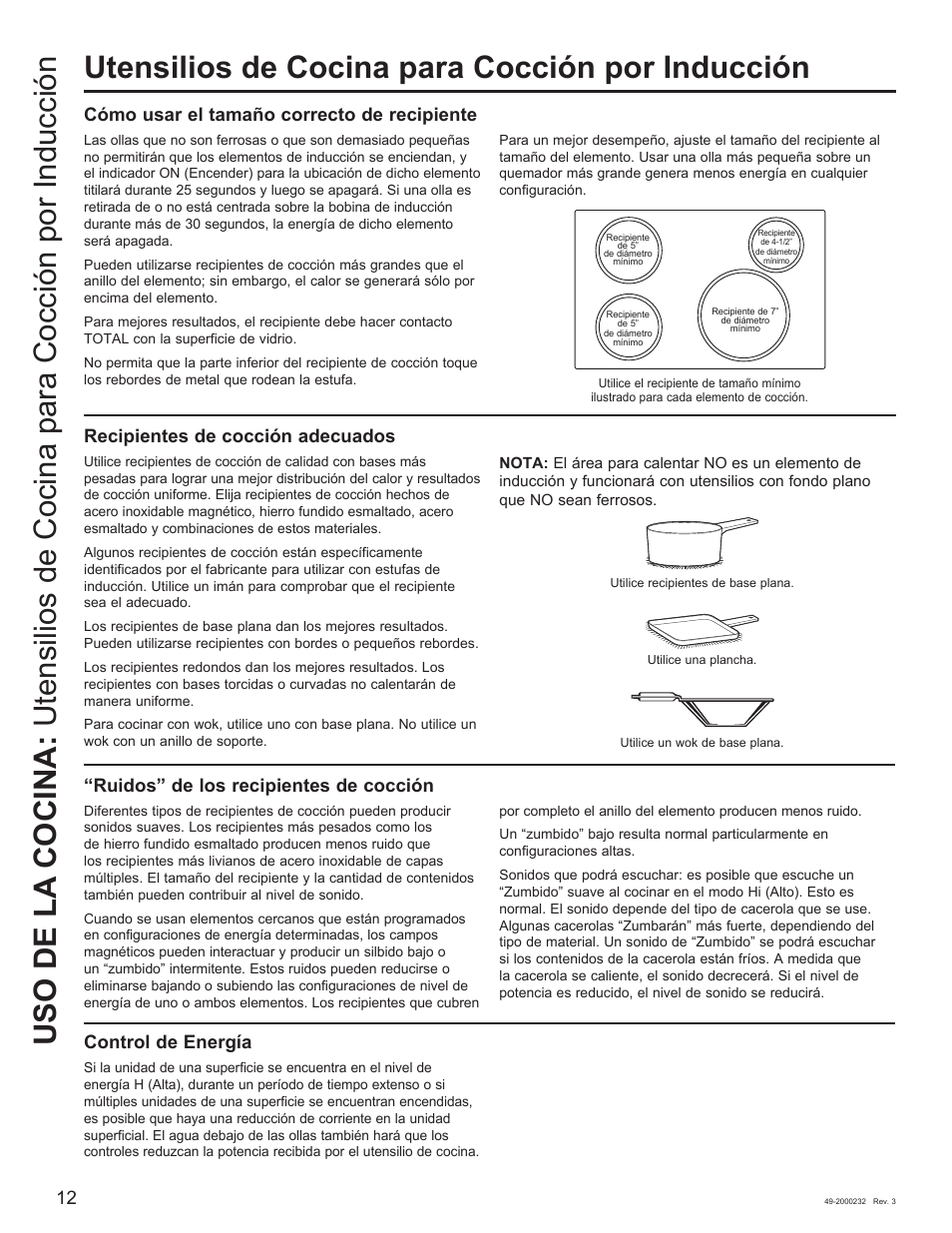 Recipientes de cocción adecuados, Cómo usar el tamaño correcto de recipiente, Ruidos” de los recipientes de cocción | Control de energía | Cafe Owner Manual User Manual | Page 49 / 73