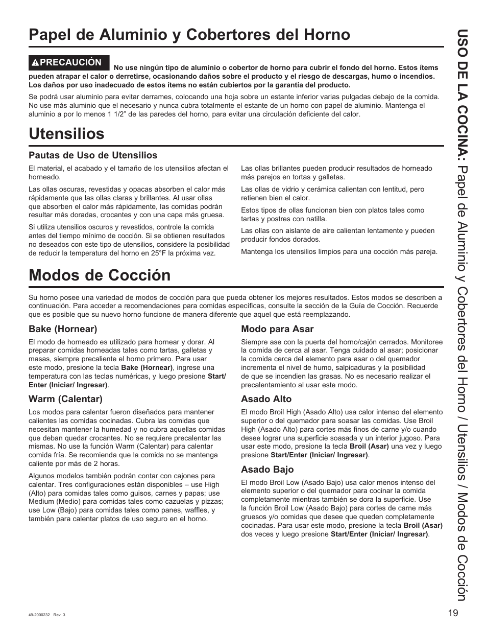 Utensilios, Papel de aluminio y cobertores del horno, Modos de cocción | Cafe Owner Manual User Manual | Page 56 / 73