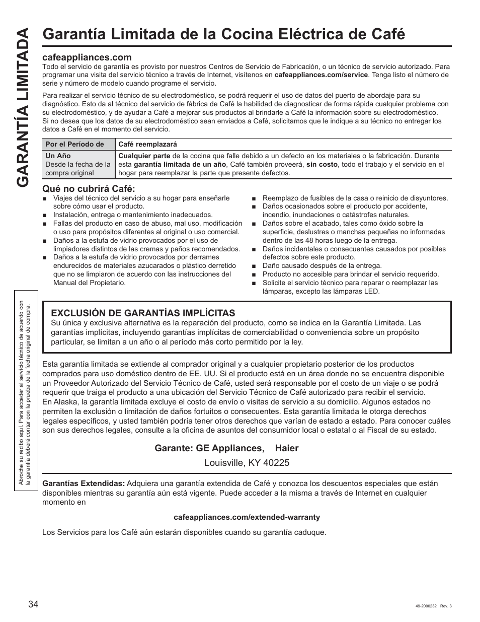 Qué no cubrirá café, Exclusión de garantías implícitas | Cafe Owner Manual User Manual | Page 71 / 73