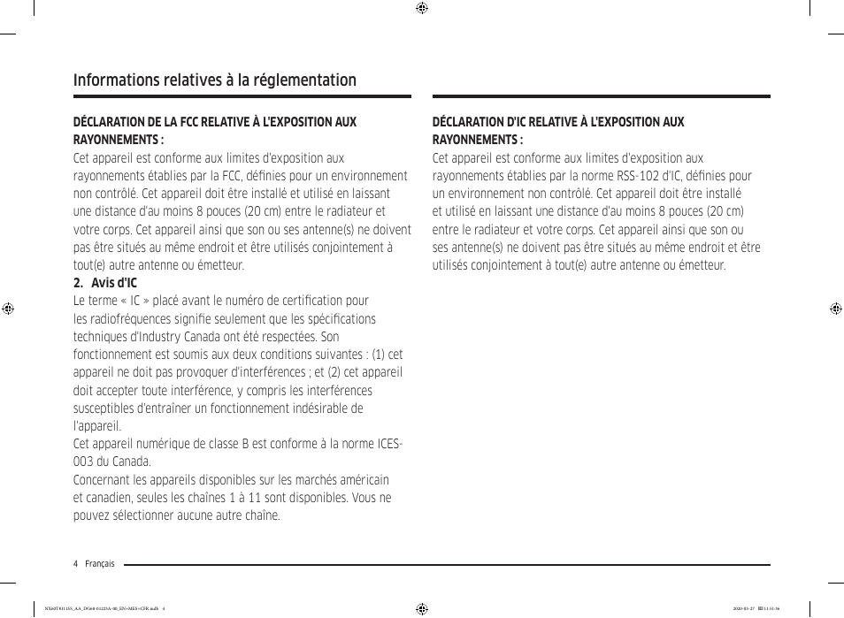 Informations relatives à la réglementation | Samsung 30 Inch Slide-in Gas Smart Range Owner Manual User Manual | Page 100 / 144