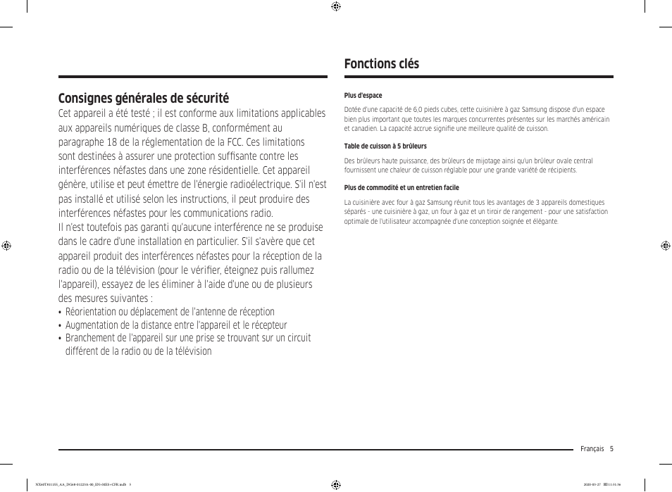 Fonctions clés, Consignes générales de sécurité | Samsung 30 Inch Slide-in Gas Smart Range Owner Manual User Manual | Page 101 / 144