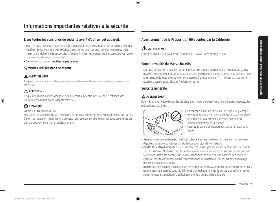 Informations importantes relatives à la sécurité | Samsung 30 Inch Slide-in Gas Smart Range Owner Manual User Manual | Page 103 / 144