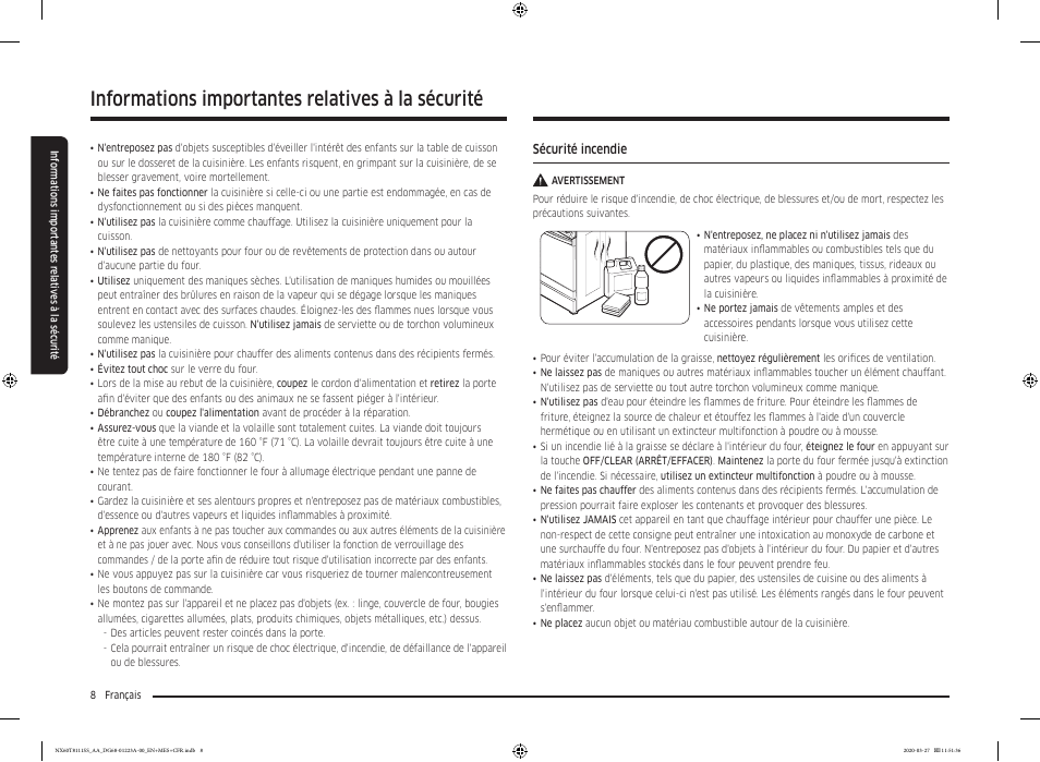 Informations importantes relatives à la sécurité | Samsung 30 Inch Slide-in Gas Smart Range Owner Manual User Manual | Page 104 / 144