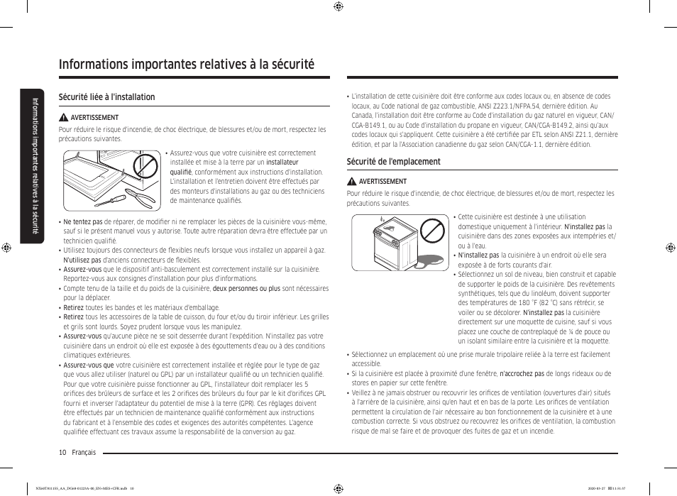 Informations importantes relatives à la sécurité | Samsung 30 Inch Slide-in Gas Smart Range Owner Manual User Manual | Page 106 / 144